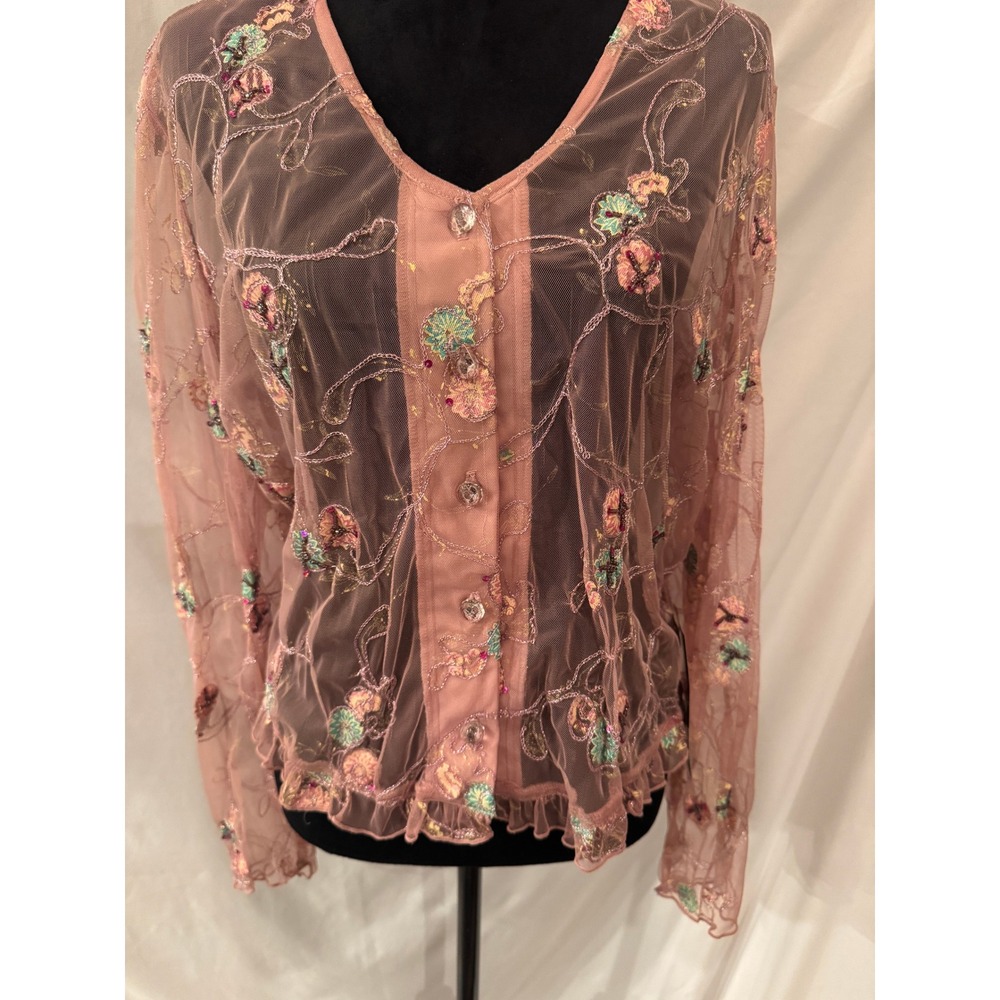 Vintage ZOE Pink Sheer Mesh Floral Embroidered Sequin Cardigan Top XL NWT